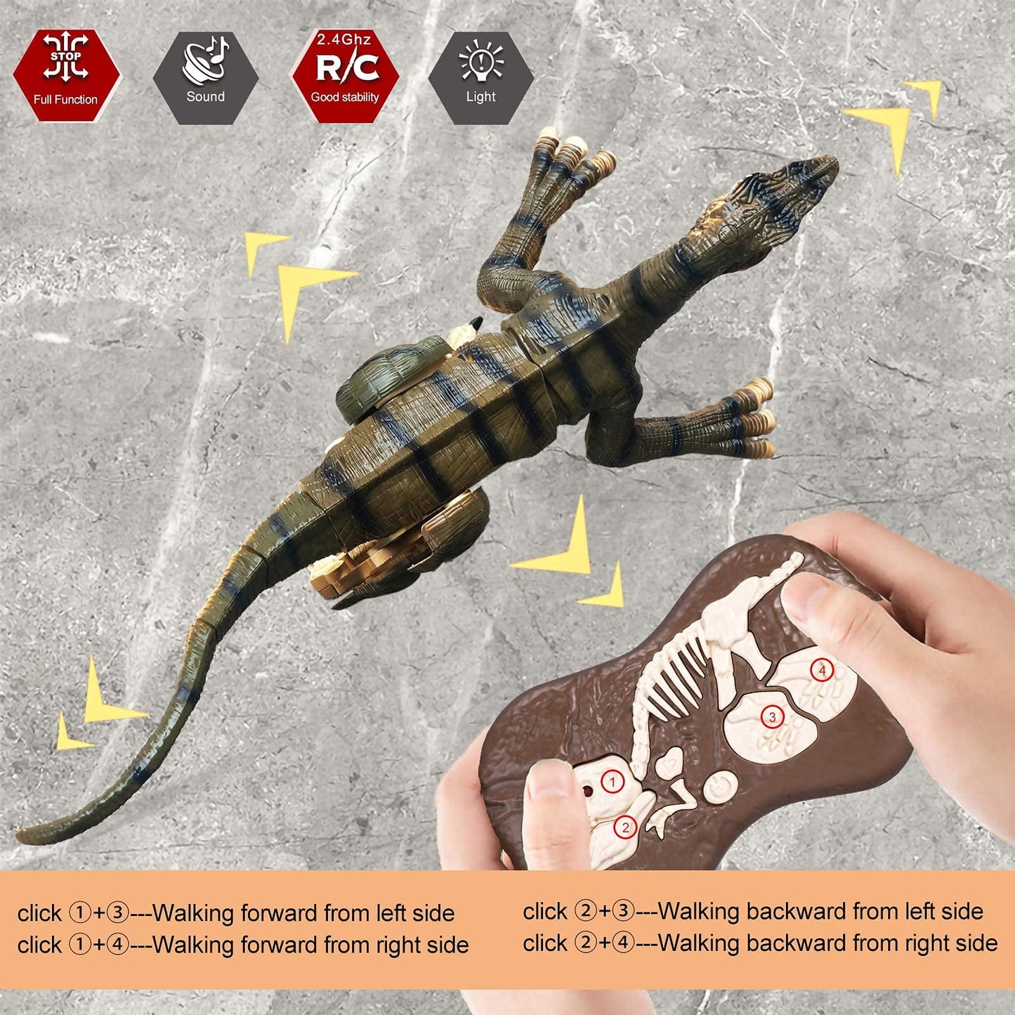 Remote Control Dinosaur Toys for Boys Kids Girls 3-8 Years Old Electronic RC Robot Toy LED Lightup Walking Roaring Velociraptor Birthday Gifts Brown