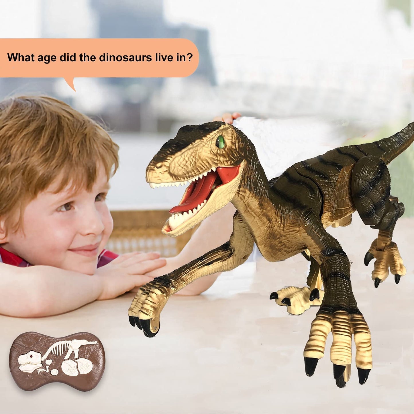 Remote Control Dinosaur Toys for Boys Kids Girls 3-8 Years Old Electronic RC Robot Toy LED Lightup Walking Roaring Velociraptor Birthday Gifts Brown