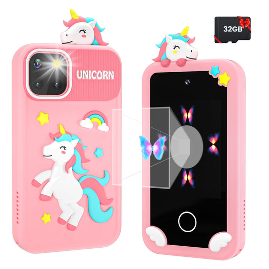MERRYHOME Kids Smart Phone with Holographic Pyramid, 32G Card Christmas Birthday Gifts for Age 3-10 Kids Toys Cell Phone, 2.8" Touchscreen Toddler Learning Play Toy, Dual Camera, Music Player Pink