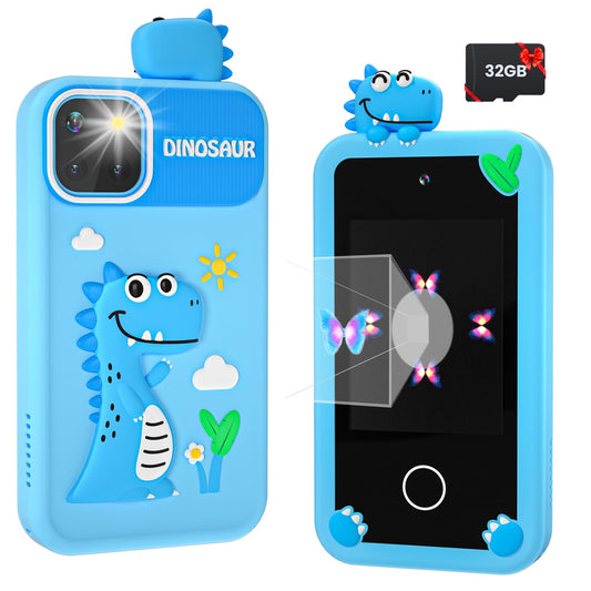 MERRYHOME Kids Smart Phone for Boys with 32G Card & Holographic Pyramid, Christmas Birthday Gifts for Age 3-10 Kids Toys Cell Phone, 2.8" Touchscreen Toddler Learning Toy, Dual Lens, Music Player Blue