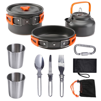 Hoofun 11 Pcs Camping Cookwares Mess Kit Gear Campfire Utensils Non-Stick Cooking Equipment Lightweight Stackable Pot Pan Bowls with Storage Bag