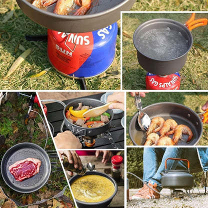 Hoofun 11 Pcs Camping Cookwares Mess Kit Gear Campfire Utensils Non-Stick Cooking Equipment Lightweight Stackable Pot Pan Bowls with Storage Bag