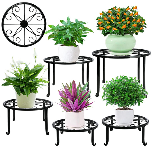 Hoofun Metal Plant Stand 5-Pack Plant Stand for Outdoor Plants Multiple Heavy Duty Flower Pot Stand Rust-Resistant Iron Round Plant Stand Black