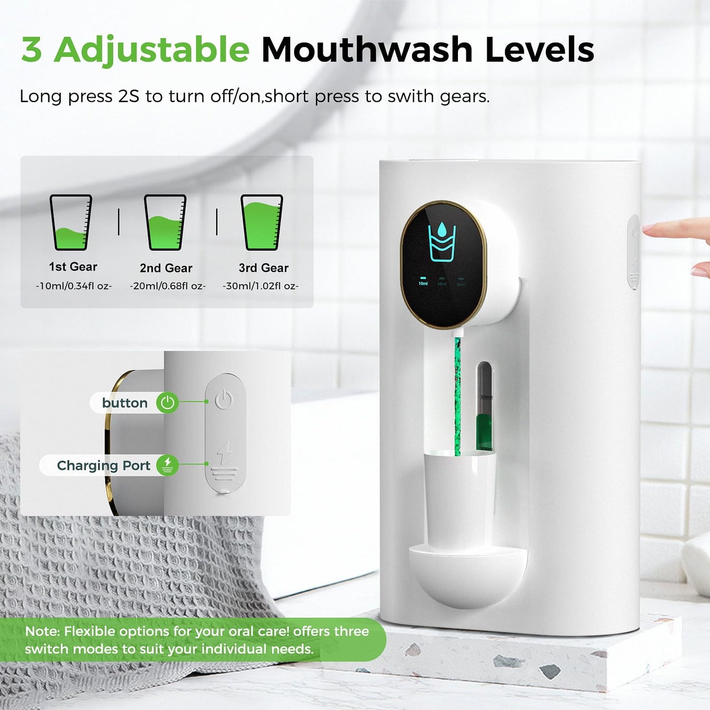 Hoofun Mouthwash Dispenser for Bathroom,18.26Oz Wall Mounted Mouth Wash Dispenser with Magnetic Cups, 3 Dispensing Level, Smart Mouthwash Dispenser for Kids Adult, Bathroom Accessories White