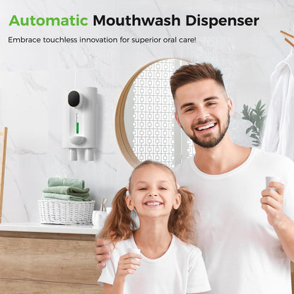 Hoofun Mouthwash Dispenser for Bathroom,18.26Oz Wall Mounted Mouth Wash Dispenser with Magnetic Cups, 3 Dispensing Level, Smart Mouthwash Dispenser for Kids Adult, Bathroom Accessories White