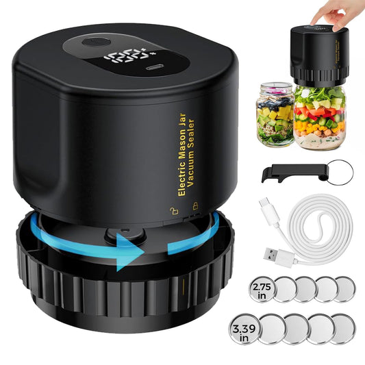 Hoofun Fully Automatic Electric Mason Jar Vacuum Sealer Kit for with 8 Sealing Lids Wide and Regular Mouth Mason Jars for Food Storage and Fermentation, Black
