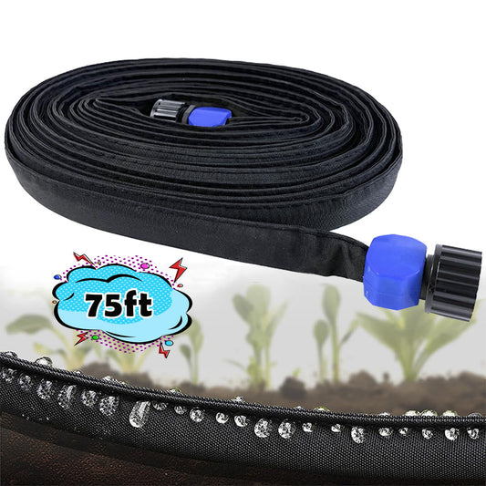 Hoofun Flat Soaker Hose 75 ft for Garden Beds, 75ft 1/2" Linkable Consistent Drip Irrigation Hose Save 80% Water, Leakproof Heavy Duty Double Layer Sprinkler Hose Black