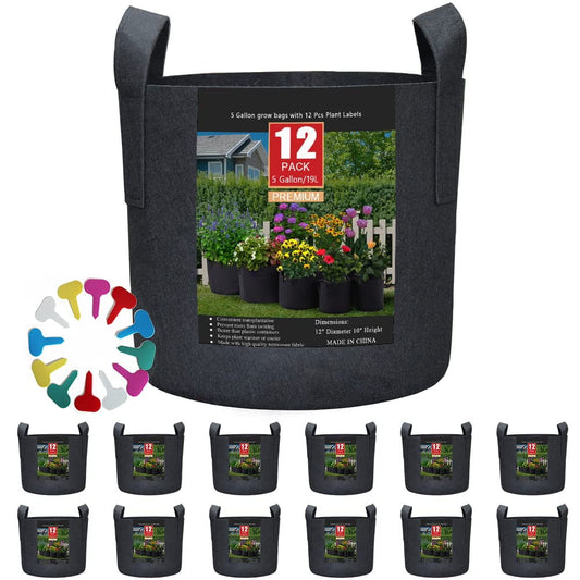 12-Pack 5 Gallon, Vegetable/Flower/Plant Grow Bags, Aeration Fabric Pots with Handles (Black), Come with 12 Pcs Plant Labels