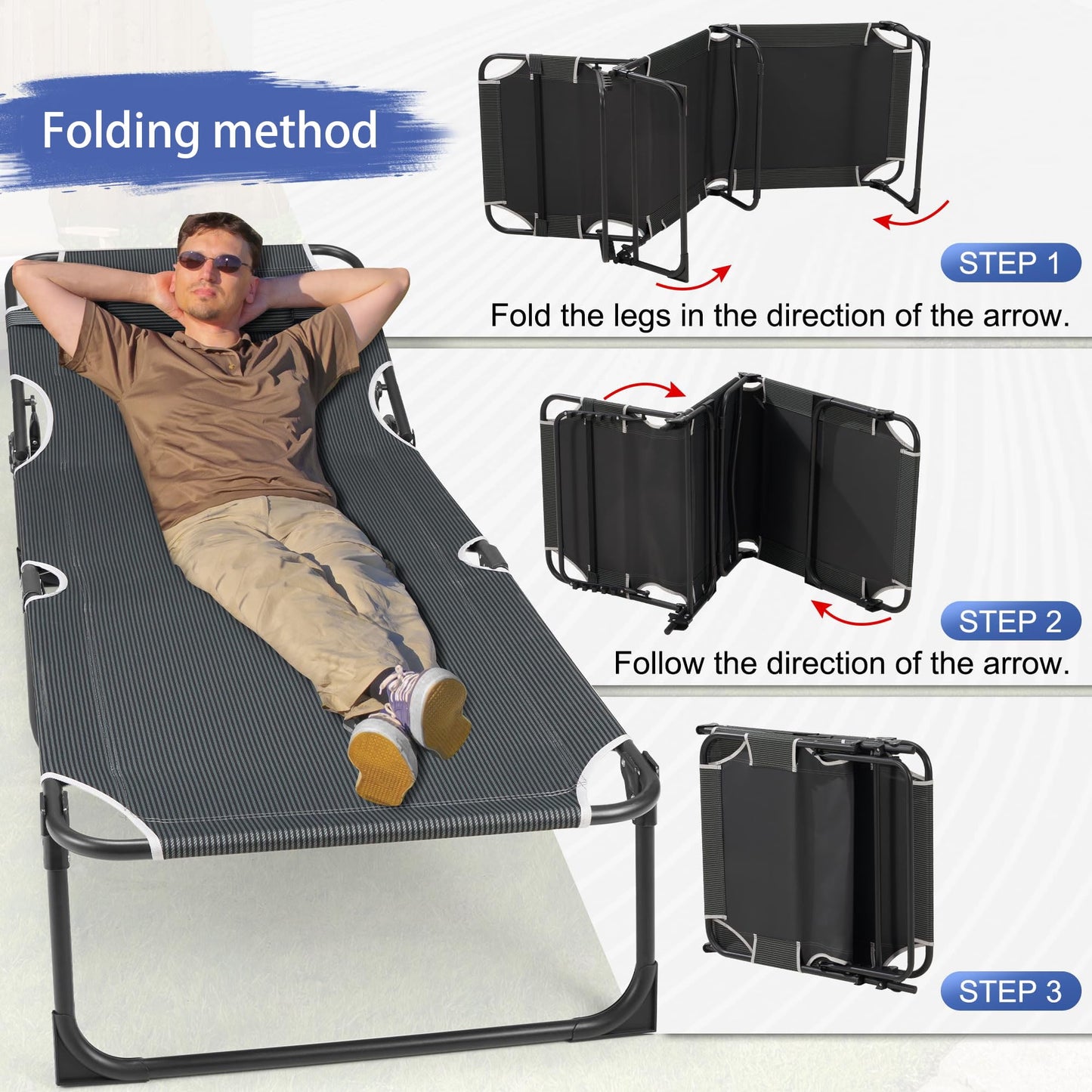 WHATOOK Folding Camping Bed, Adjustable Camping Lounger with Pillow and Mattress for Pool, Beach, Patio, Sunbathing