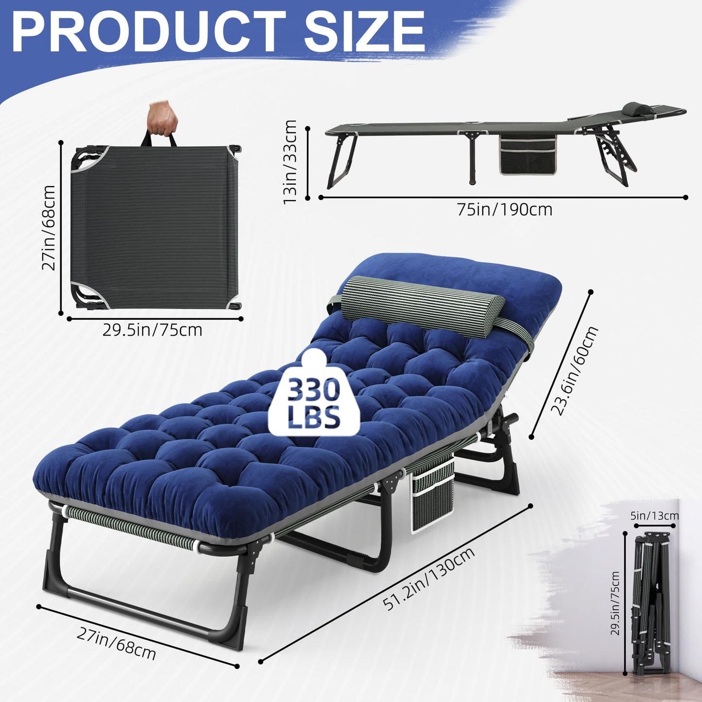 WHATOOK Folding Camping Bed, Adjustable Camping Lounger with Pillow and Mattress for Pool, Beach, Patio, Sunbathing