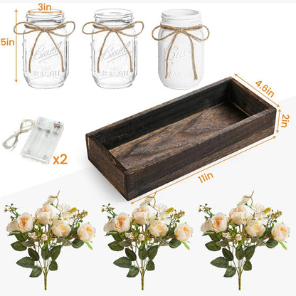 WHATOOK 3 Pieces Mason Jar Table Decor Farmhouse Coffee Table Decor with Wood Tray and LED Lights Table Centerpiece for Dining Room Kitchen Living Room Bathroom