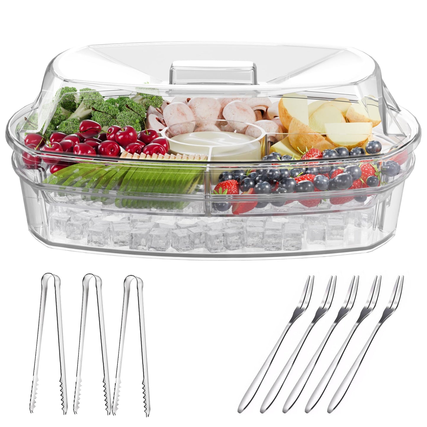 WHATOOK Fruit Ice Serving Tray, Chilled Veggie Tray, Shrimp Cocktail Serving Dish, Appetizer Serving Platter for Parties, with Lid and 4 Compartments