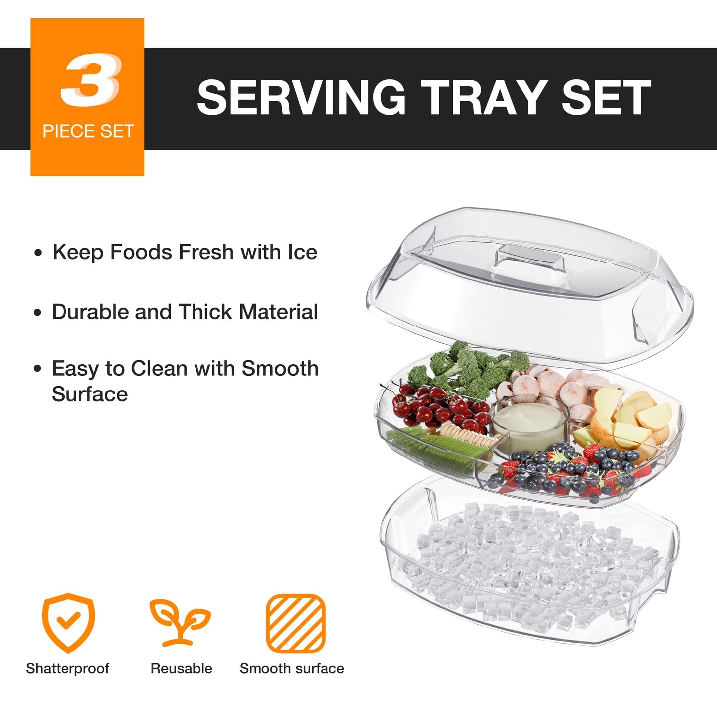 WHATOOK Fruit Ice Serving Tray, Chilled Veggie Tray, Shrimp Cocktail Serving Dish, Appetizer Serving Platter for Parties, with Lid and 4 Compartments