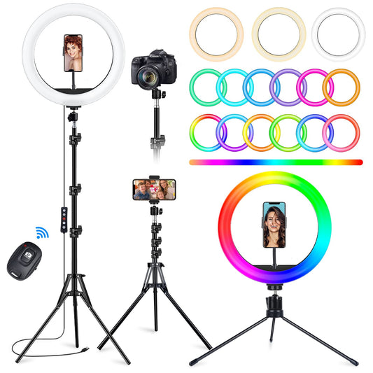 WHATOOK 10'' Ring Light with 63'' Extendable Tripod Stand, LED Circle Lights with Phone Holder for Live Stream/Makeup/YouTube Video/Tiktok, Compatible with All Phones