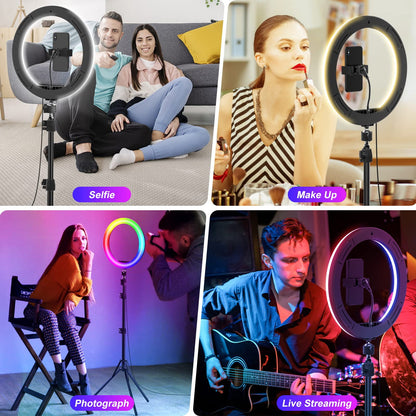 WHATOOK 10'' Ring Light with 63'' Extendable Tripod Stand, LED Circle Lights with Phone Holder for Live Stream/Makeup/YouTube Video/Tiktok, Compatible with All Phones