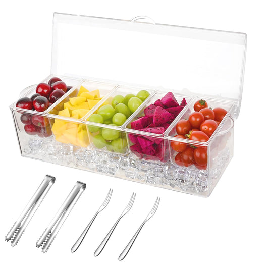 WHATOOK Chilled Condiment Server，Chilled Condiment Tray with Lid and 5 Removable Compartments