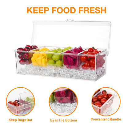 WHATOOK Chilled Condiment Server，Chilled Condiment Tray with Lid and 5 Removable Compartments