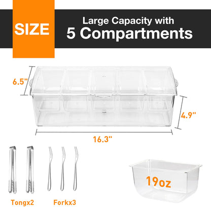 WHATOOK Chilled Condiment Server，Chilled Condiment Tray with Lid and 5 Removable Compartments