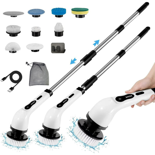 Electric Spin Scrubber, Cordless Cleaning Brush with 2H Power Dual Speed, Adjustable Extension Handle 9 Replaceable Brush Heads, IPX7 Waterproof for Bathroom Tub Tile Floor Car