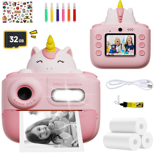 Hoofun Kids Camera Instant Print, 2.0 inch Digital Toddler Camera, Toys Gift for Girls 3-15 Years Old with 3 Rolls of Photo Paper and a 32G Card Pink