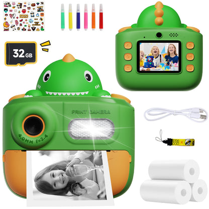 Hoofun Kids Camera Instant Print, 2.0 inch Digital Toddler Camera, Toys Gift for Girls 3-15 Years Old with 3 Rolls of Photo Paper and 32G Card Green