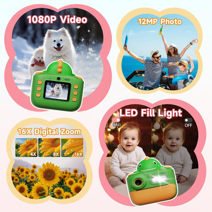 Hoofun Kids Camera Instant Print, 2.0 inch Digital Toddler Camera, Toys Gift for Girls 3-15 Years Old with 3 Rolls of Photo Paper and 32G Card Green