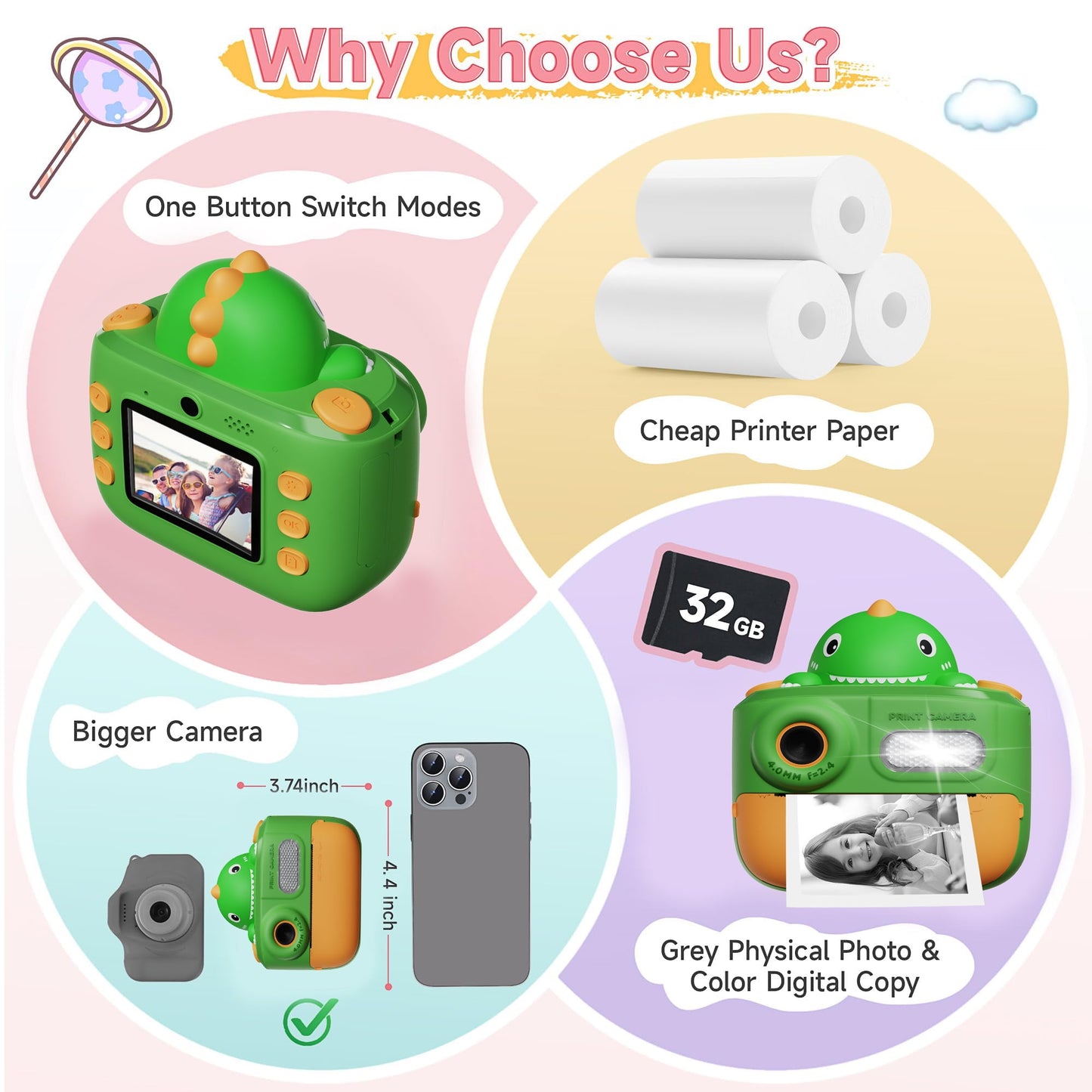 Hoofun Kids Camera Instant Print, 2.0 inch Digital Toddler Camera, Toys Gift for Girls 3-15 Years Old with 3 Rolls of Photo Paper and 32G Card Green