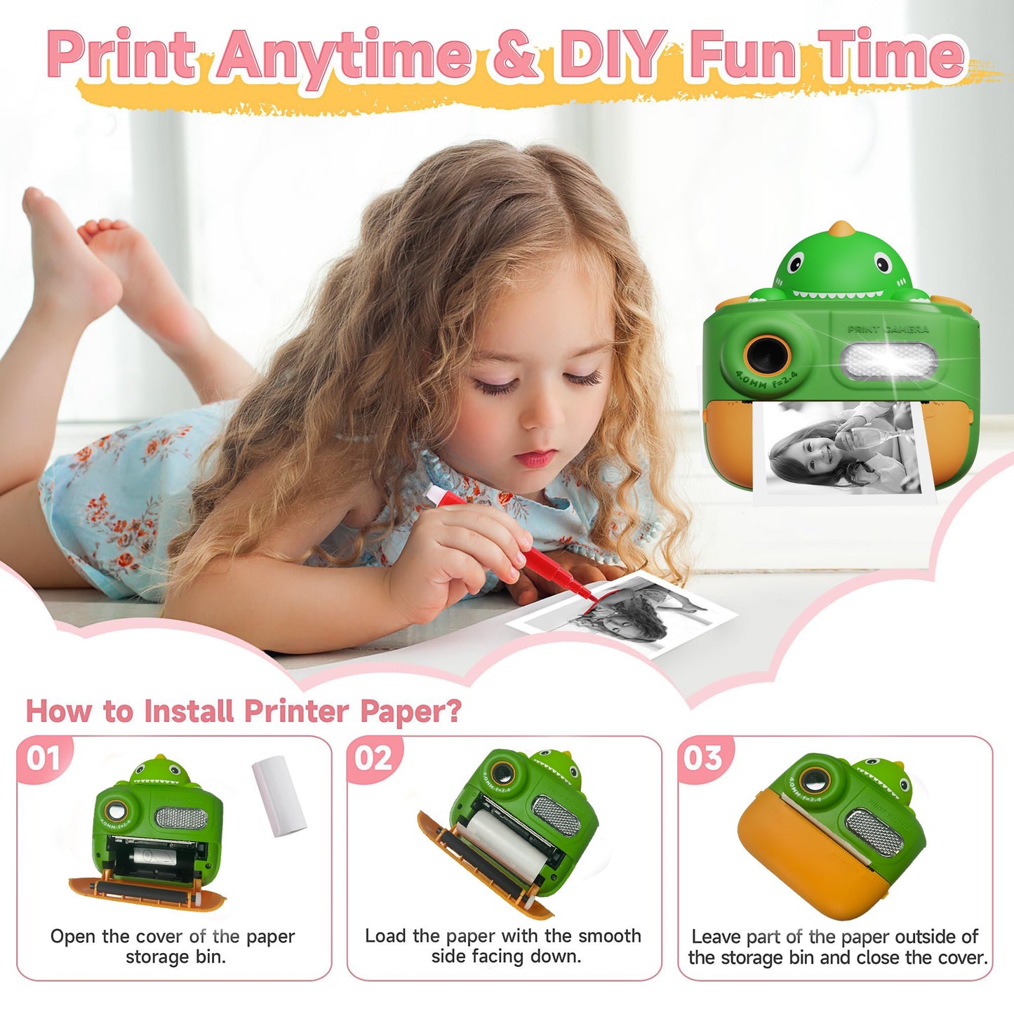 Hoofun Kids Camera Instant Print, 2.0 inch Digital Toddler Camera, Toys Gift for Girls 3-15 Years Old with 3 Rolls of Photo Paper and 32G Card Green