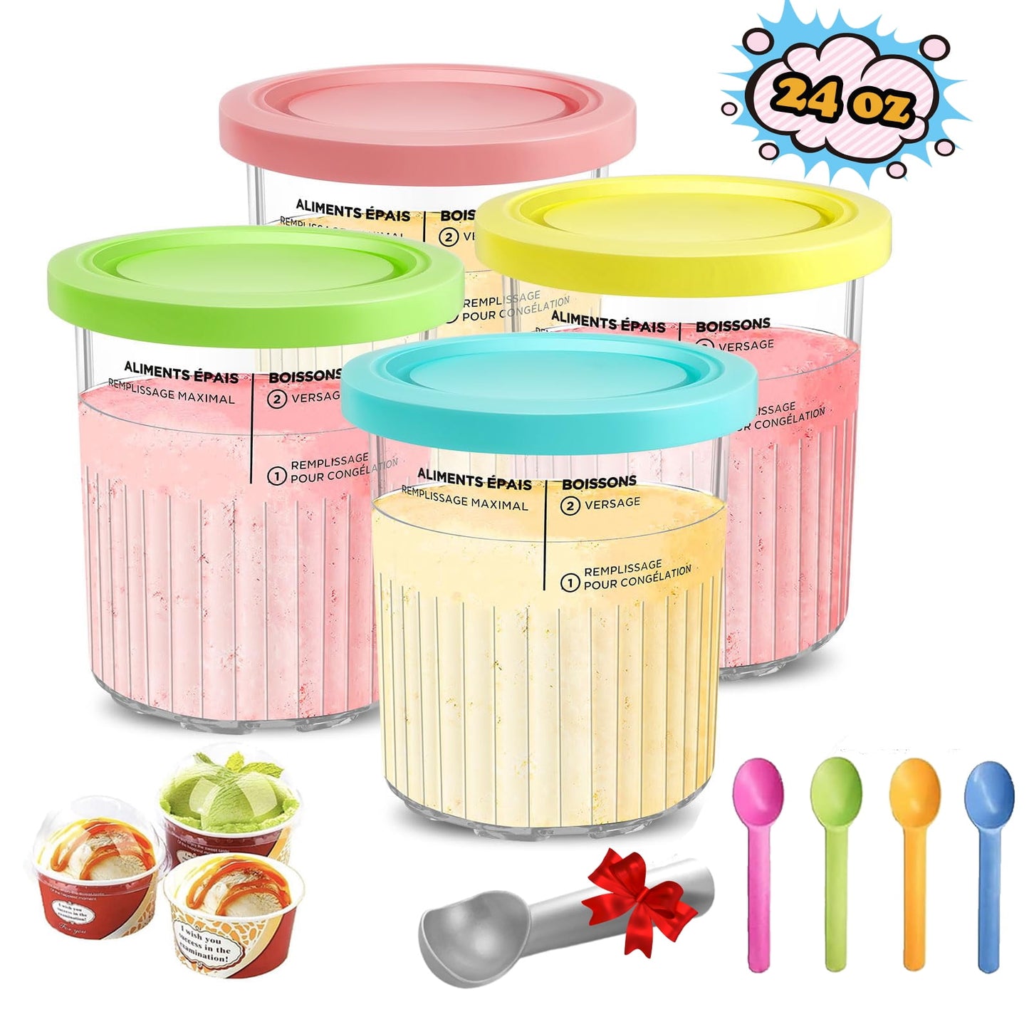 4pcs Ice Cream Containers with Lid Leakproof 24oz,Compatible with Ninja Creami NC501 NC500 Deluxe Ice Cream Makers- BPA-Free Dishwasher Safe- Comes with Five Scoops