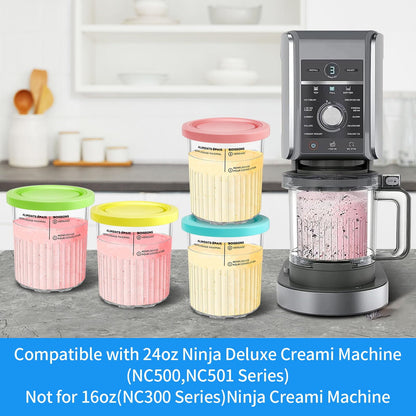 4pcs Ice Cream Containers with Lid Leakproof 24oz,Compatible with Ninja Creami NC501 NC500 Deluxe Ice Cream Makers- BPA-Free Dishwasher Safe- Comes with Five Scoops