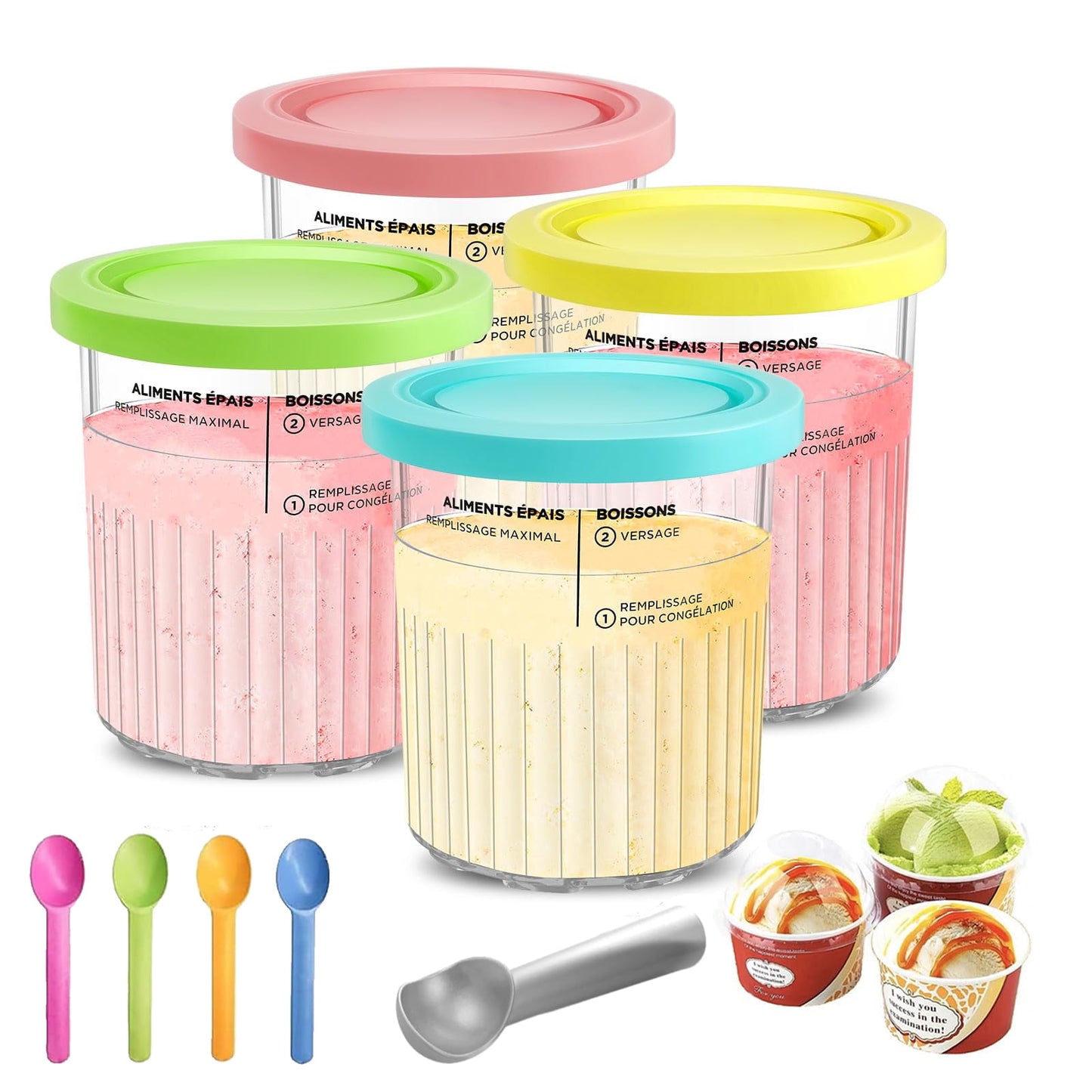 4pcs Ice Cream Containers with Lid Leakproof 24oz,Compatible with Ninja Creami NC501 NC500 Deluxe Ice Cream Makers- BPA-Free Dishwasher Safe- Comes with Five Scoops