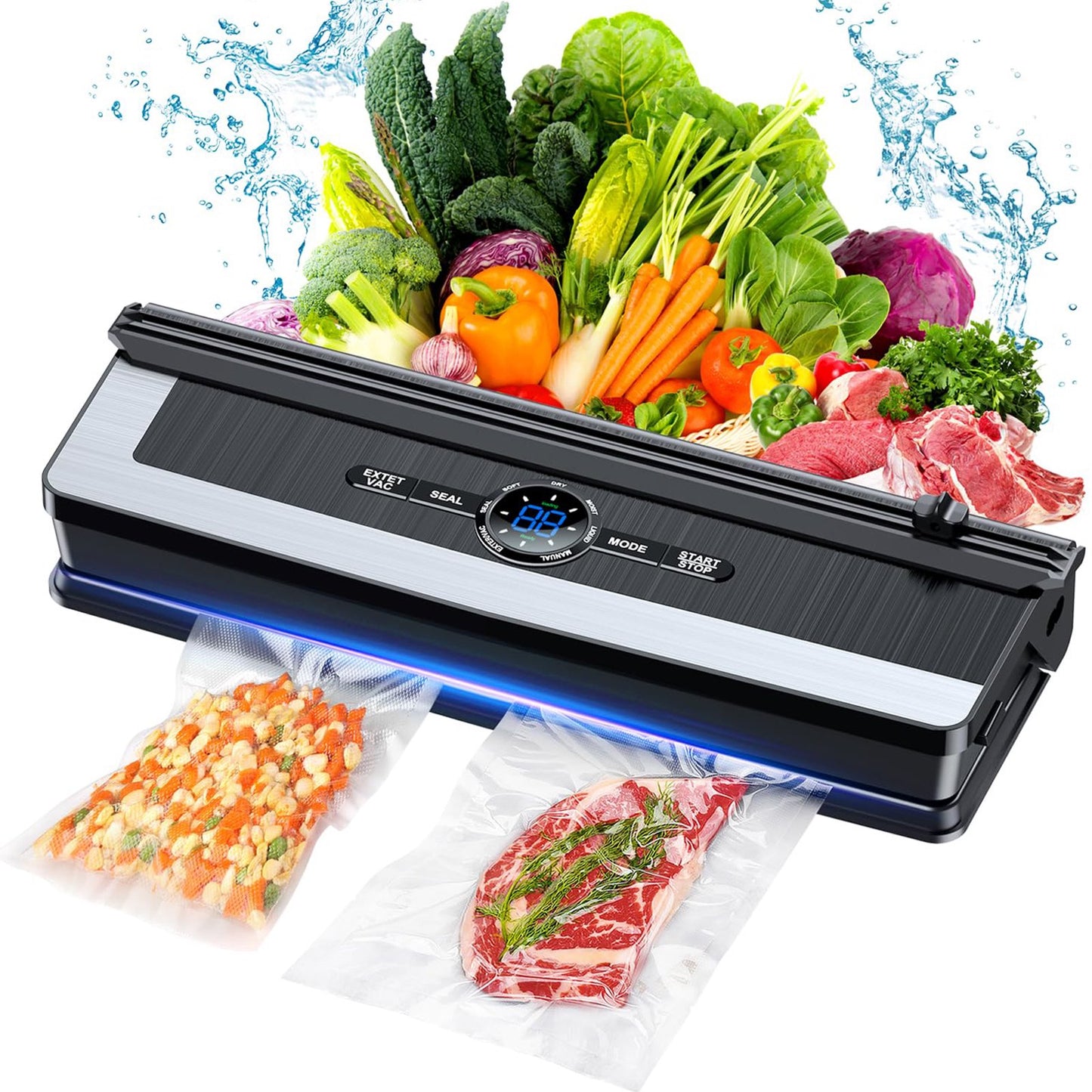 Hoofun Vacuum Sealer Machine - 8 in 1 Food Vacuum Sealer Machine with Build-in Cutter Automatic Air Sealing System LED Indicator for Food Storage Dry and Moist Food Modes with 5Pcs Seal Bags Kit Black