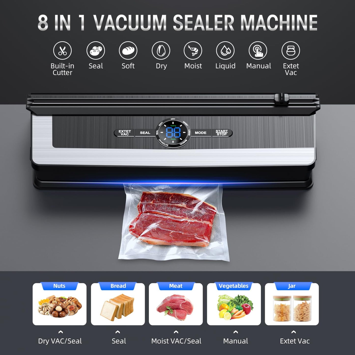 Hoofun Vacuum Sealer Machine - 8 in 1 Food Vacuum Sealer Machine with Build-in Cutter Automatic Air Sealing System LED Indicator for Food Storage Dry and Moist Food Modes with 5Pcs Seal Bags Kit Black