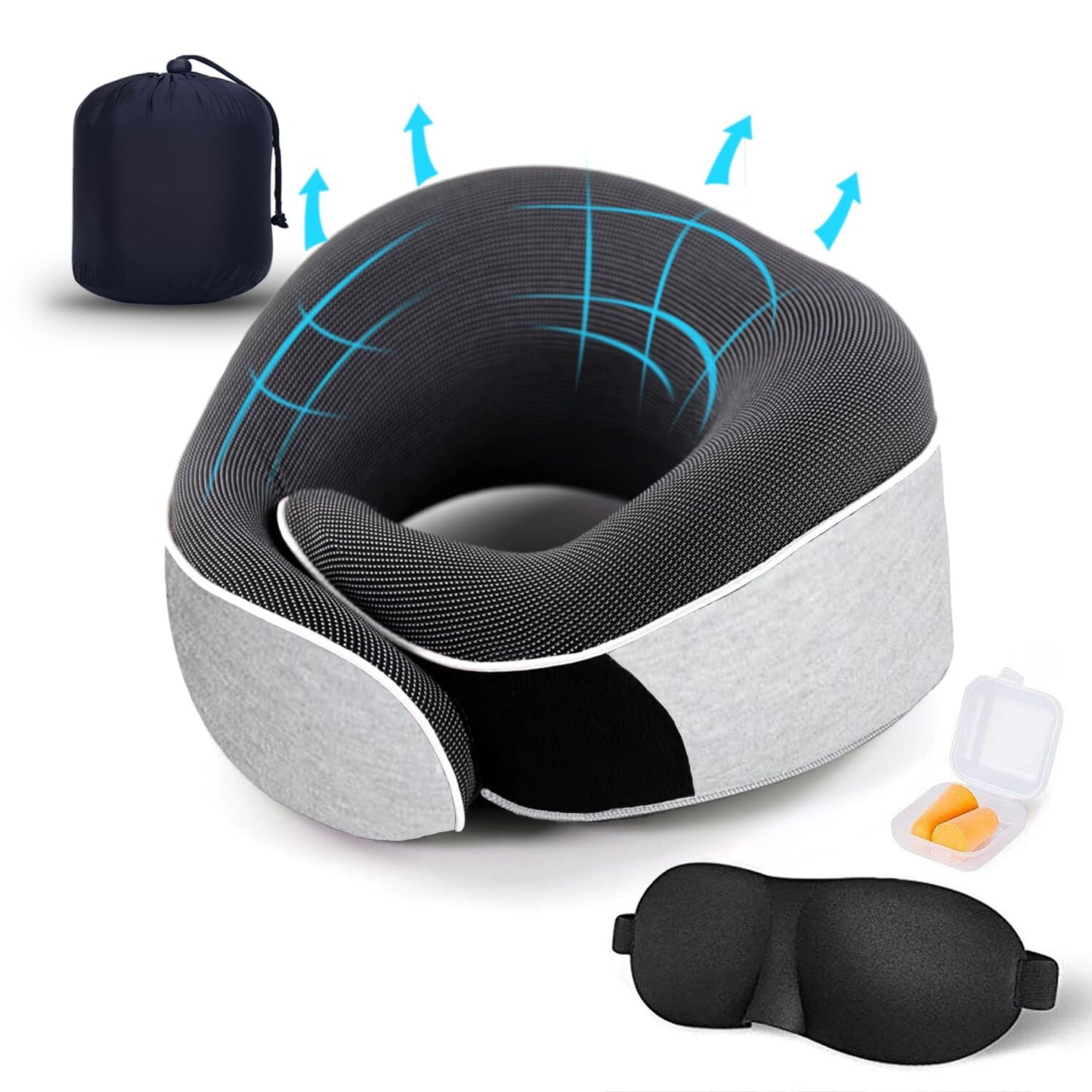 Travel Pillow, Memory Foam Travel Neck Pillow, Adjustable 360° Ergonomic Support Function for Travel with Pillow, Mask, Earplugs, Storage Bag