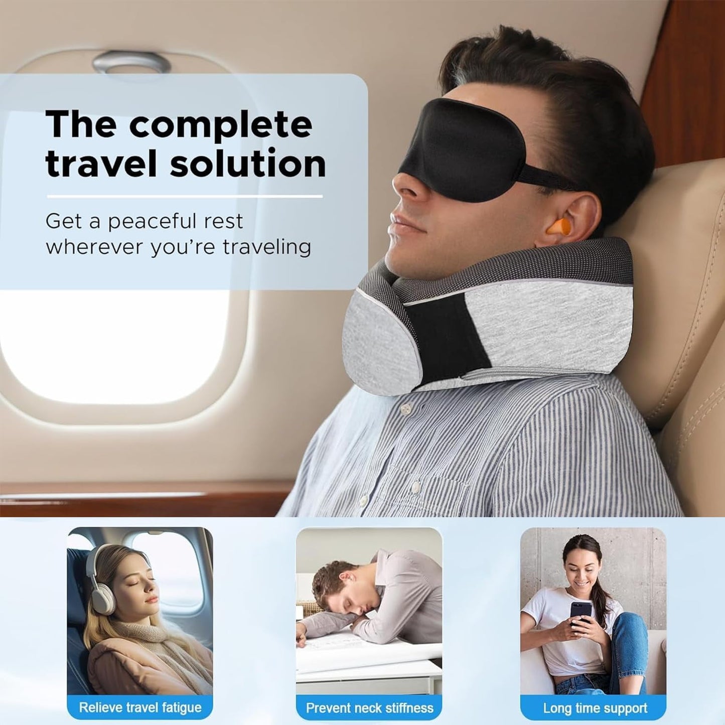 Travel Pillow, Memory Foam Travel Neck Pillow, Adjustable 360° Ergonomic Support Function for Travel with Pillow, Mask, Earplugs, Storage Bag