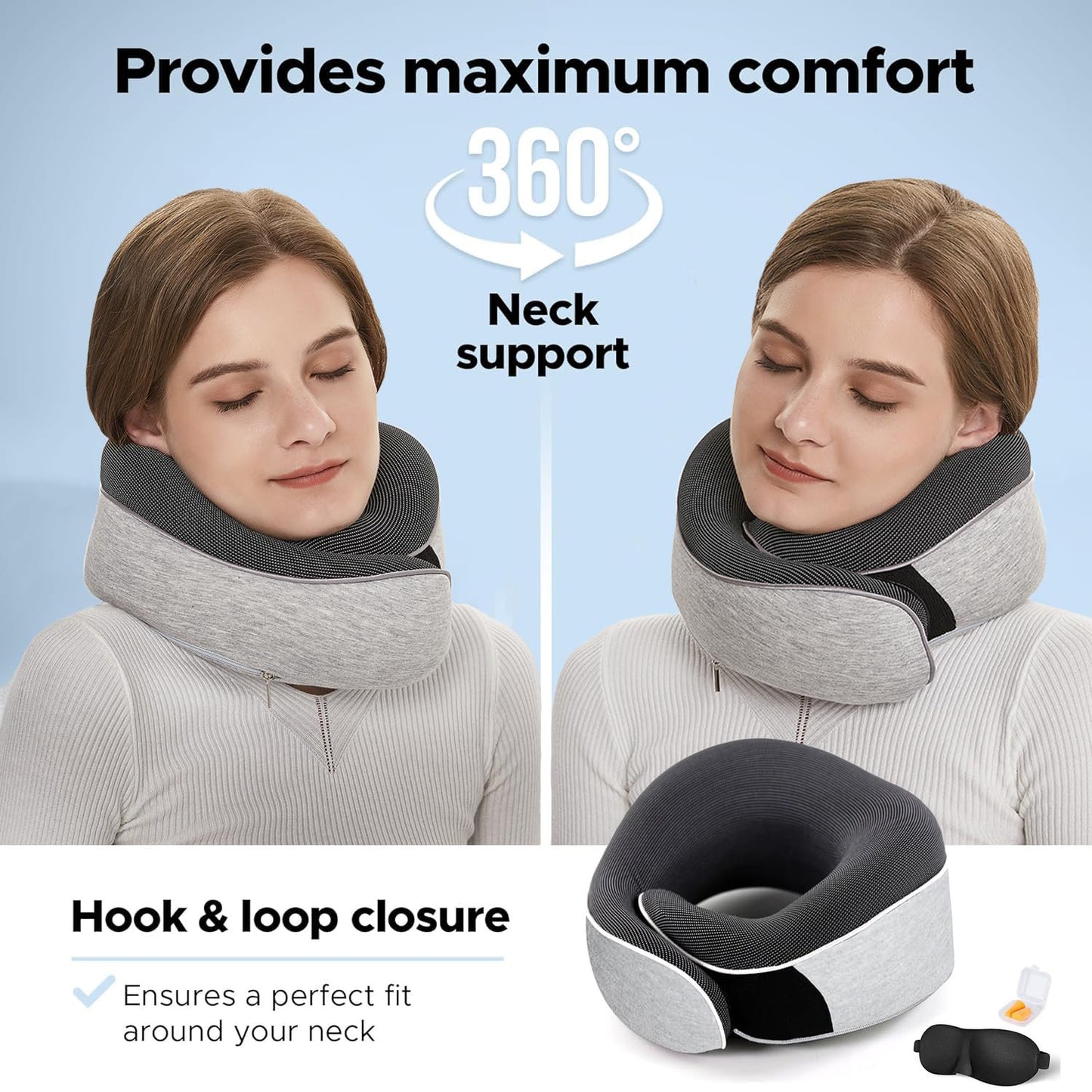 Travel Pillow, Memory Foam Travel Neck Pillow, Adjustable 360° Ergonomic Support Function for Travel with Pillow, Mask, Earplugs, Storage Bag