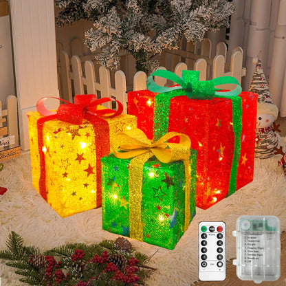 Home Christmas Lighted Boxes, 50 LED Light Up Collapsible Deocr Indoor Outdoor, Plug in Light Up Christmas Boxes Present Decorations Indoor Outdoor Yard Star Gift Box