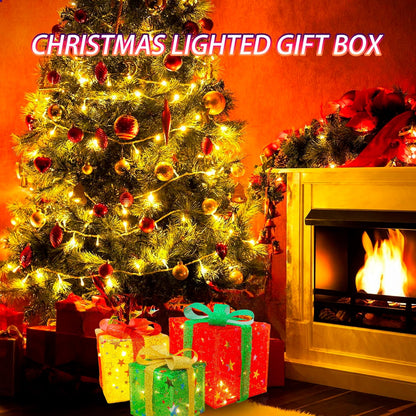 Home Christmas Lighted Boxes, 50 LED Light Up Collapsible Deocr Indoor Outdoor, Plug in Light Up Christmas Boxes Present Decorations Indoor Outdoor Yard Star Gift Box