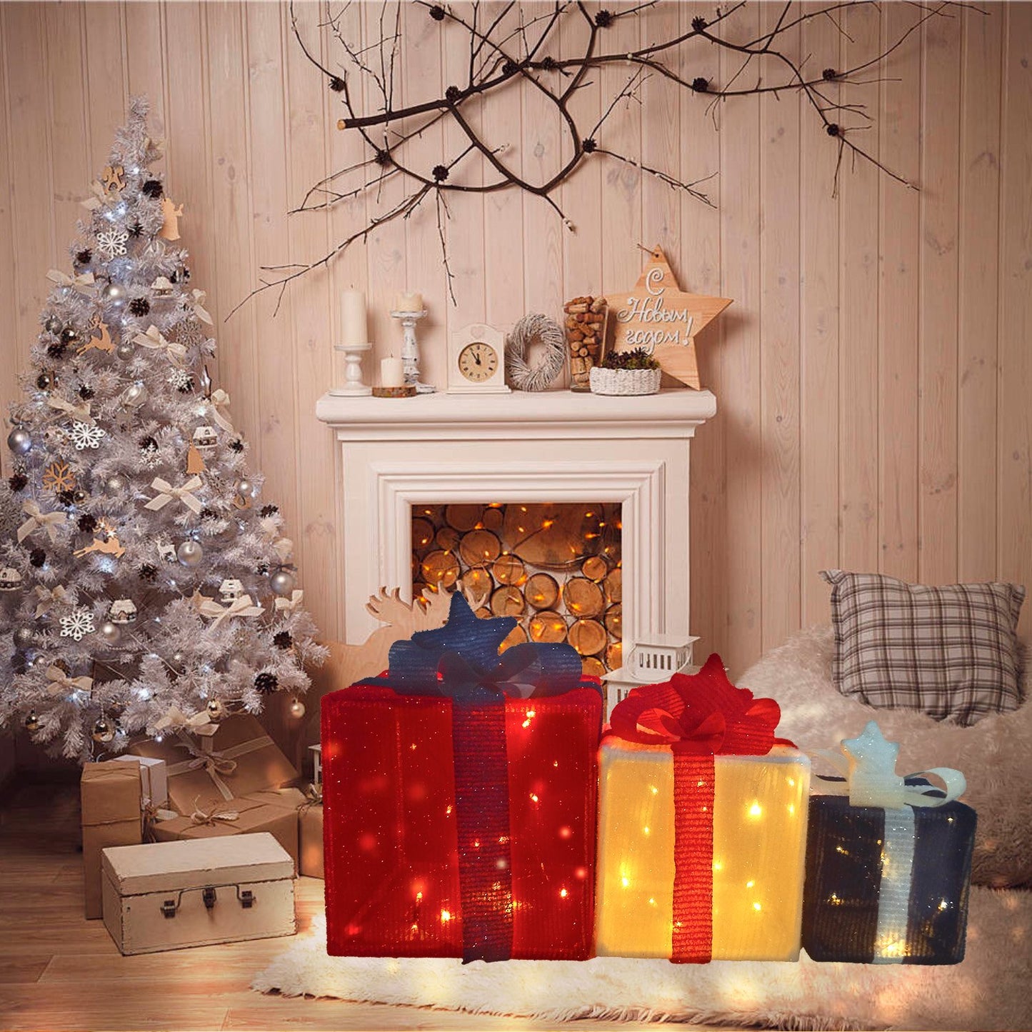 Home Christmas Lighted Boxes, 50 LED Light Up Collapsible Deocr Indoor Outdoor, Plug in Light Up Christmas Boxes Present Decorations Indoor Outdoor Yard