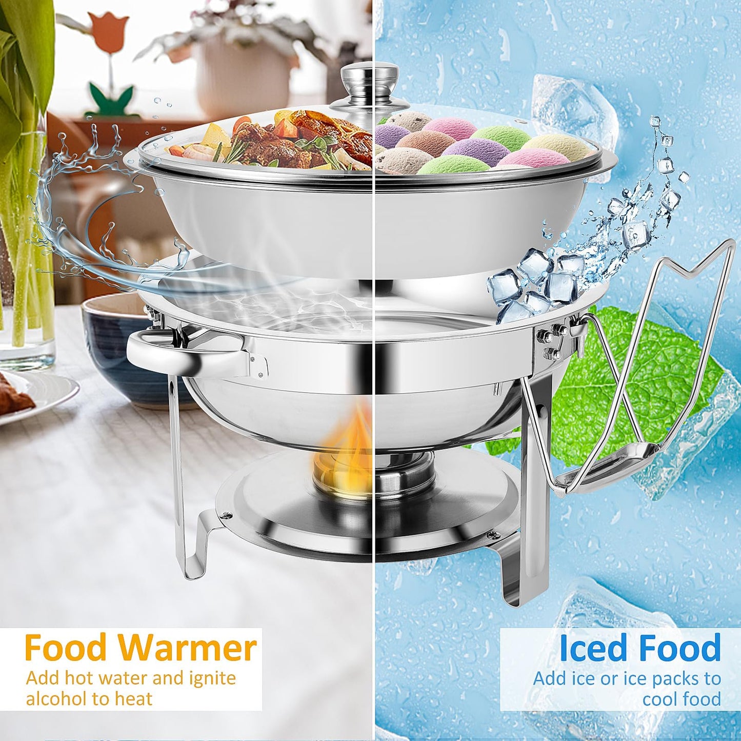 Chafing Dish Buffet Set, 2 Pack 5-Quart Round Buffet Chafe Warmer Set, 410 Stainless Steel Chafing Dish Buffet Food Warmer with Glass Lid & Holder