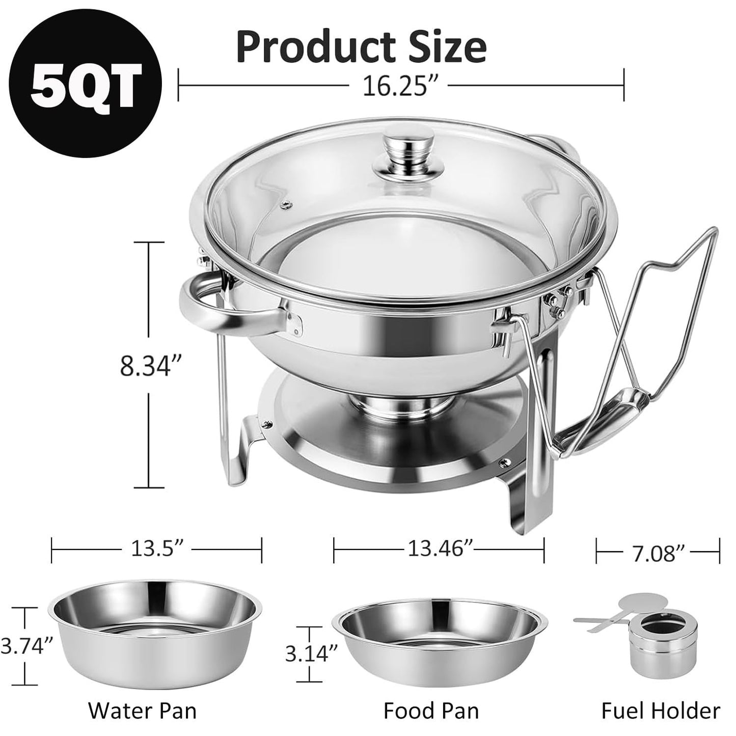 Chafing Dish Buffet Set, 2 Pack 5-Quart Round Buffet Chafe Warmer Set, 410 Stainless Steel Chafing Dish Buffet Food Warmer with Glass Lid & Holder