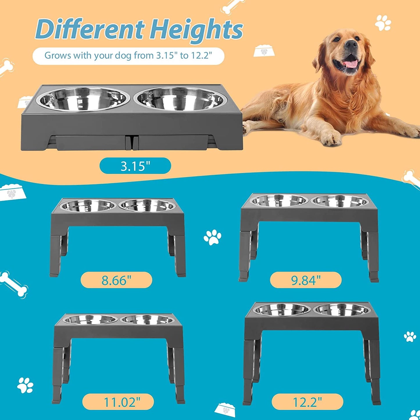 Elevated Dog Bowls with 2 Stainless Steel Dog Food Bowls, Raised Dog Bowl Adjusts to 5 Heights (3.15", 8.66", 9.84",11.02", 12.2")Suitable for Small Medium and Large Dogs