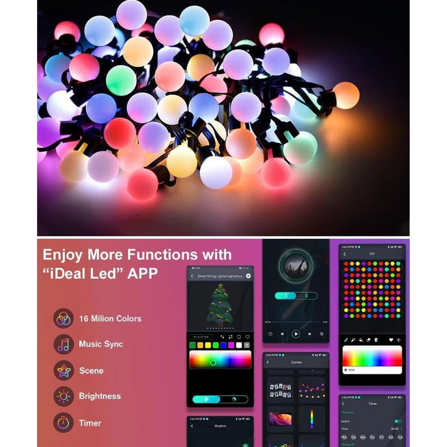 Smart String Lights USB Powered, 33Ft 50 LED Color Changing Globe Fairy Lights, Bluetooth APP & Remote Control, DIY Color, Music Sync Decorative for Bedroom Christmas Tree Tent Indoor Outdoor