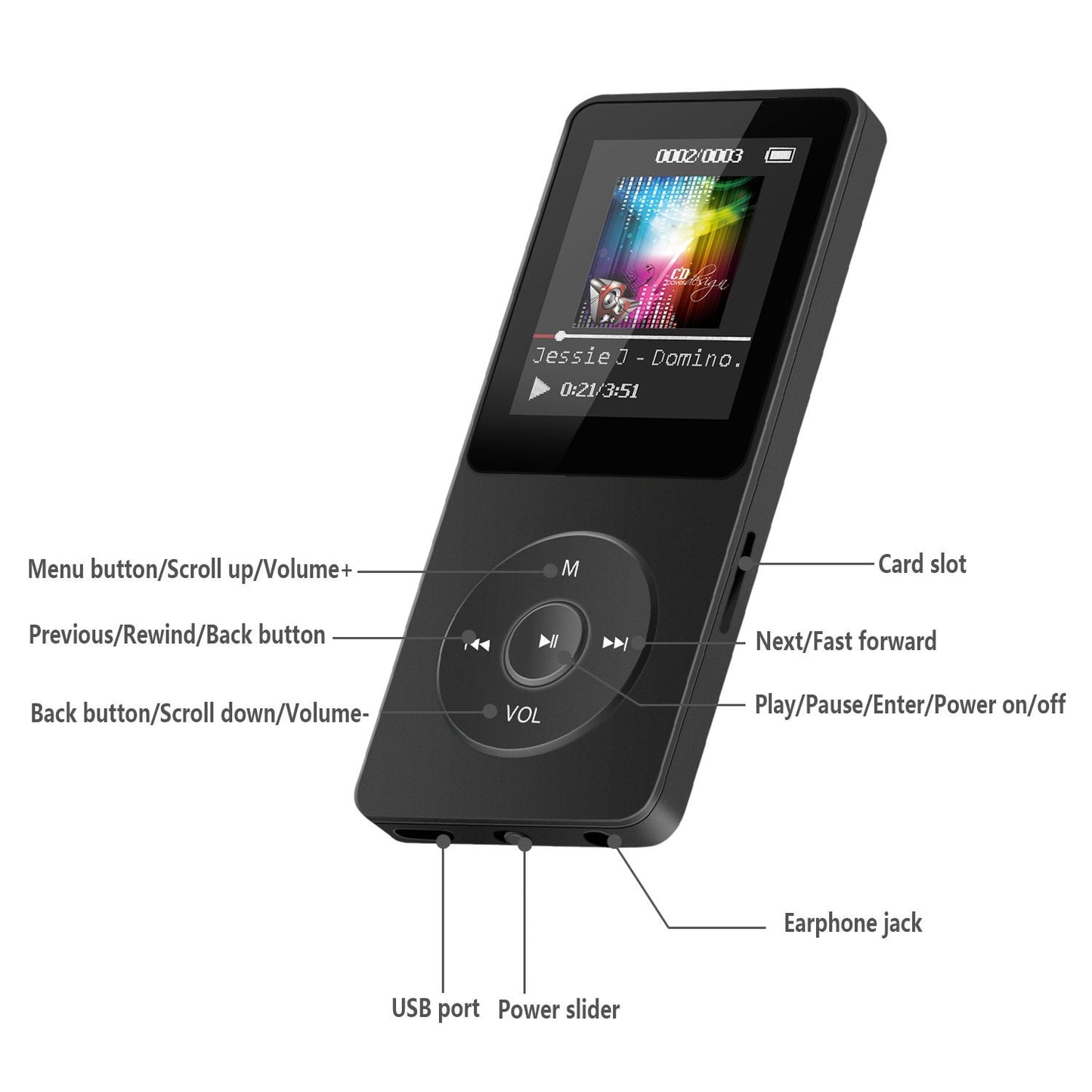 WHATOOK MP4 Player, Music Player with 32GB Micro SD Card, Headphones, Built-in Speaker/Photo/Video Playback/FM Radio/Video Recorder/E-Book Reader for Kids, Running, Walking