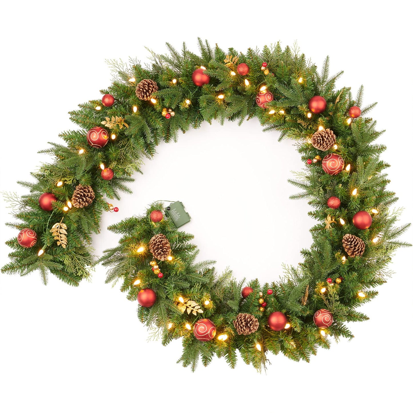 WHATOOK 9 Feet Pre-Lit Christmas Garland, Mixed Pine Decorated with Frosted Berries, Pinecones, 50 LED, for Mantle Staircase Indoor and Outdoor