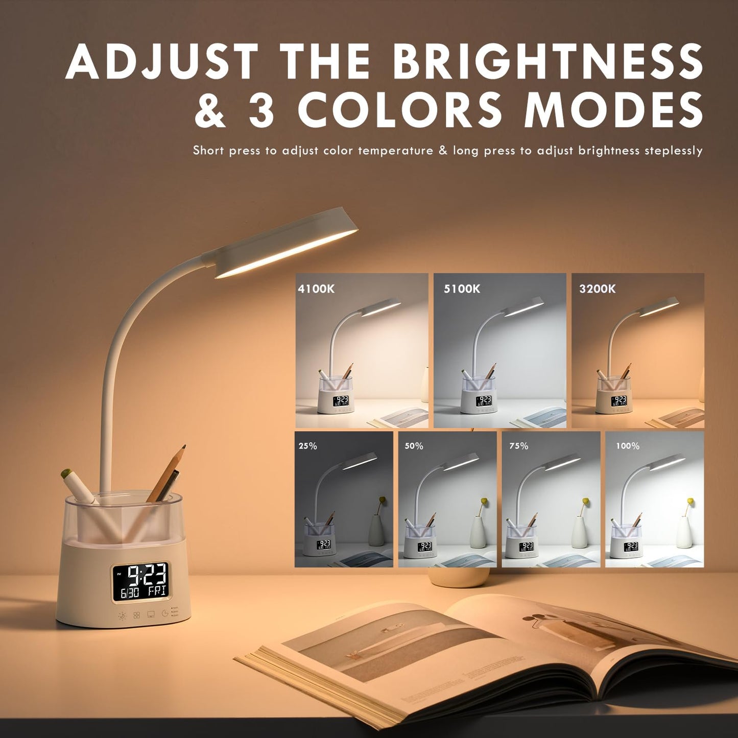 PUCACHI desk lamp with pen holder, USB and clock, RGB atmosphere light, 3 colors adjustable brightness, suitable for children and students to study and university dormitory reading