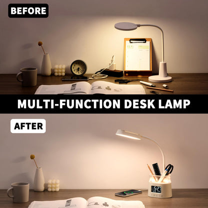 PUCACHI desk lamp with pen holder, USB and clock, RGB atmosphere light, 3 colors adjustable brightness, suitable for children and students to study and university dormitory reading