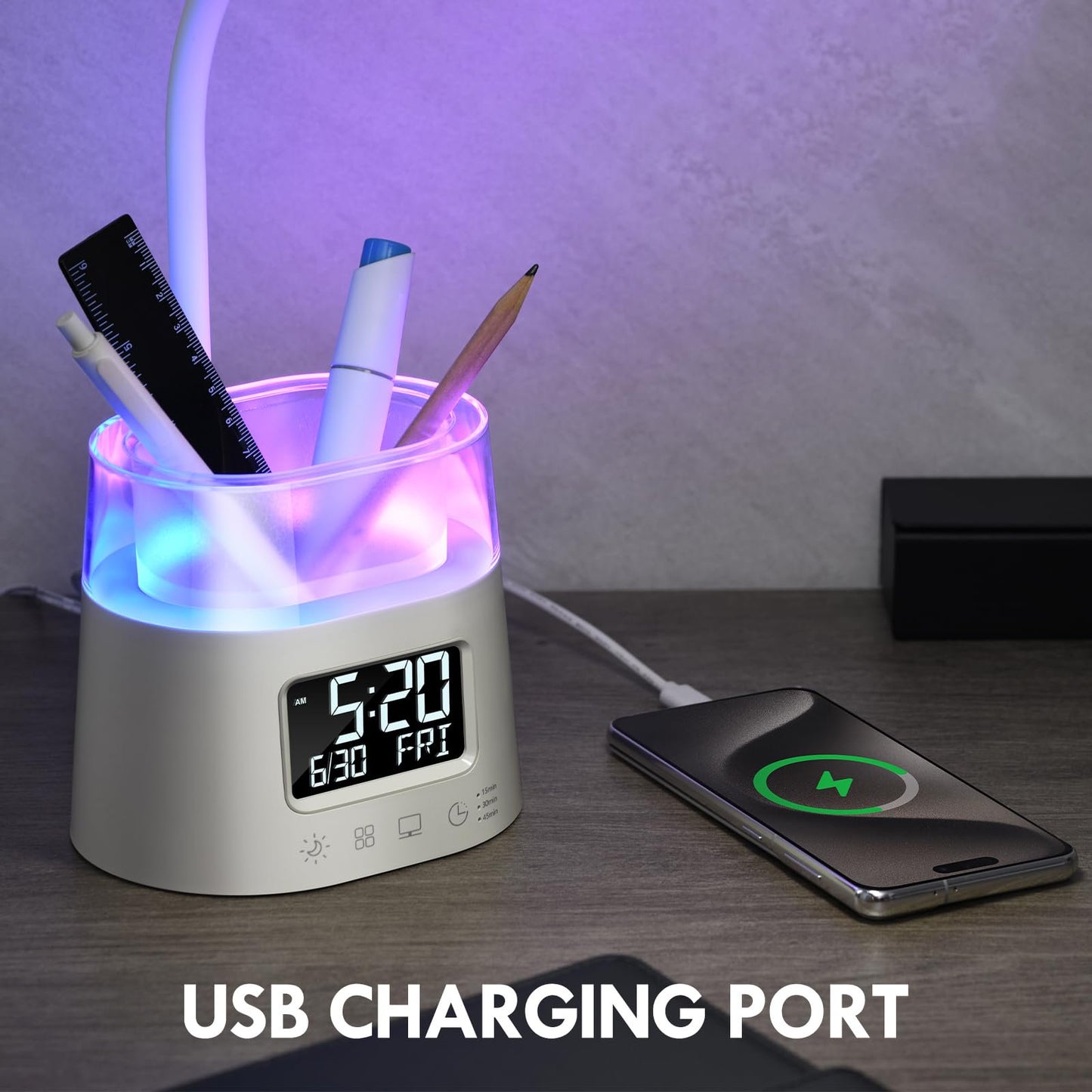 PUCACHI desk lamp with pen holder, USB and clock, RGB atmosphere light, 3 colors adjustable brightness, suitable for children and students to study and university dormitory reading