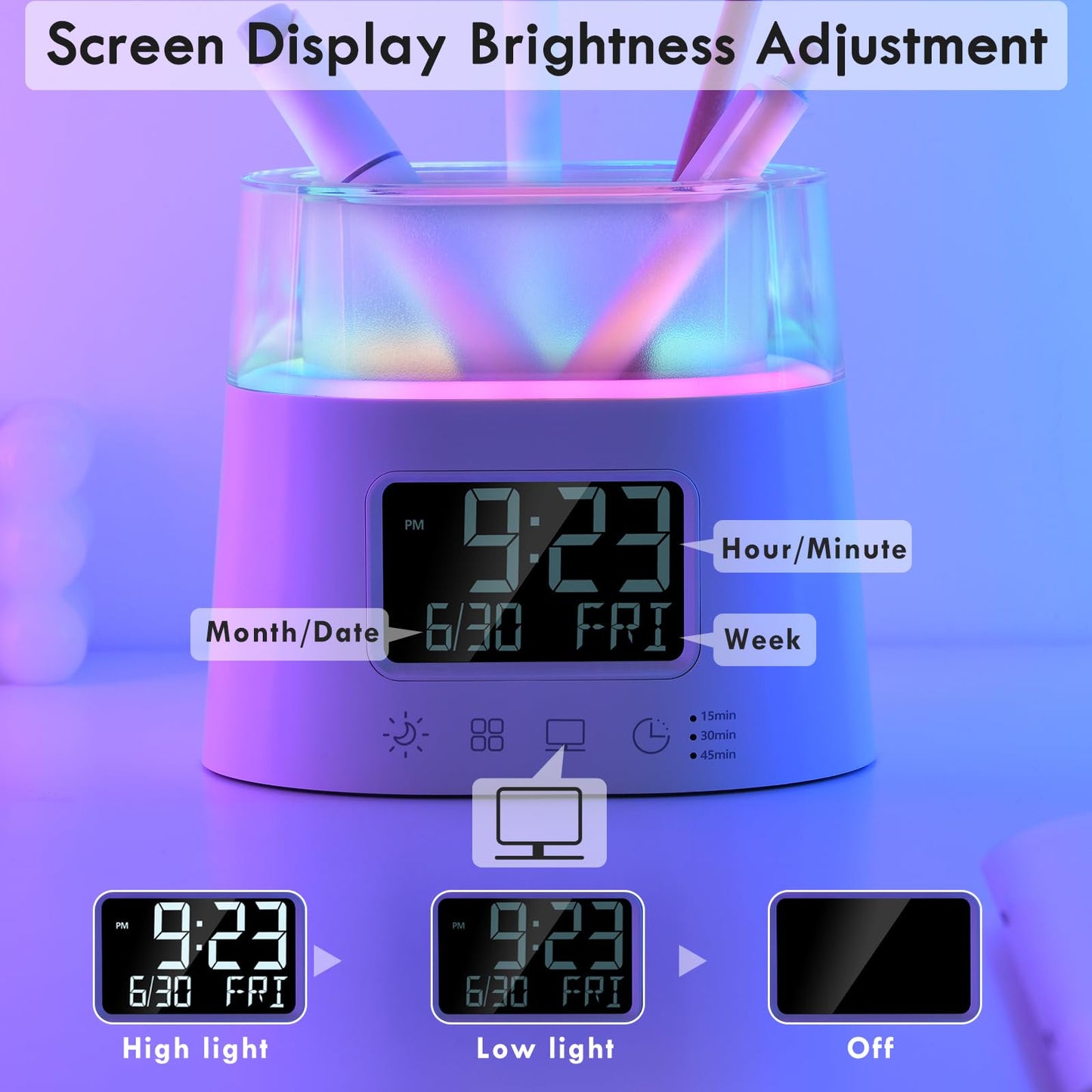 PUCACHI desk lamp with pen holder, USB and clock, RGB atmosphere light, 3 colors adjustable brightness, suitable for children and students to study and university dormitory reading