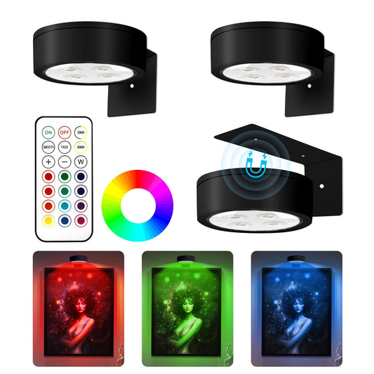 3 Pieces Magnetic LED Art Display Lights, 13 RGB Colors for Photo Frame Artwork, Wireless Painting Lights with Remote Control, Party Home Wall Decor Puck Lights, Black -RGB